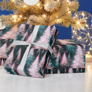 Pink and Green Trees Modern Christmas Wrapping Paper