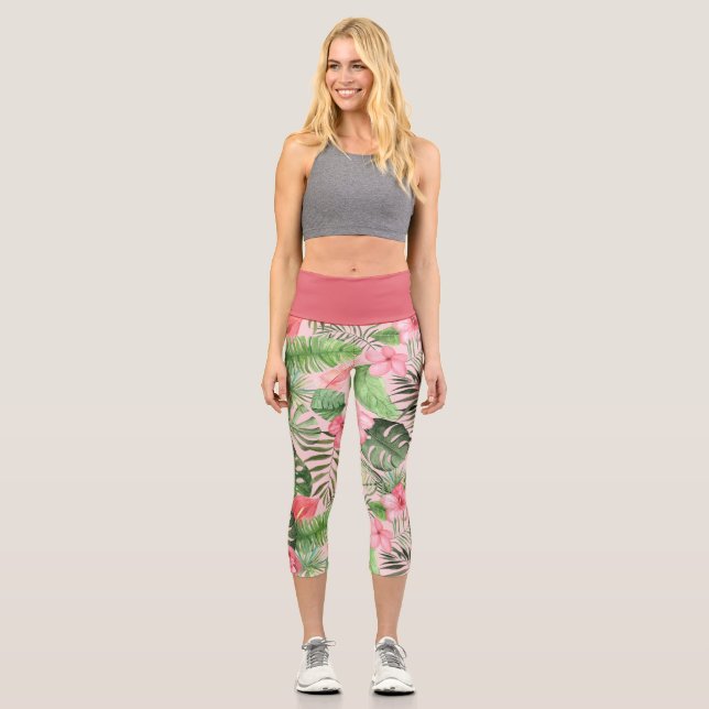 Pink and Green Tropical Flowers Capri Leggings (Front)