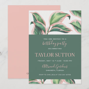 Pink and Green Tropical Foliage Birthday Party Invitation