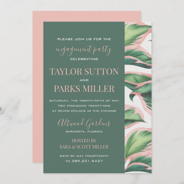 Pink and Green Tropical Foliage Engagement Party Invitation (Front/Back)
