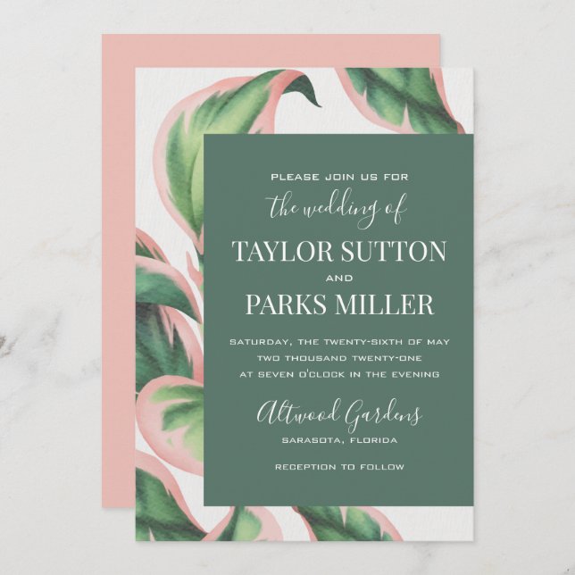 Pink and Green Tropical Foliage Wedding Invitation (Front/Back)