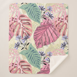 Pink and green tropical leaves, blue flowers. sherpa blanket