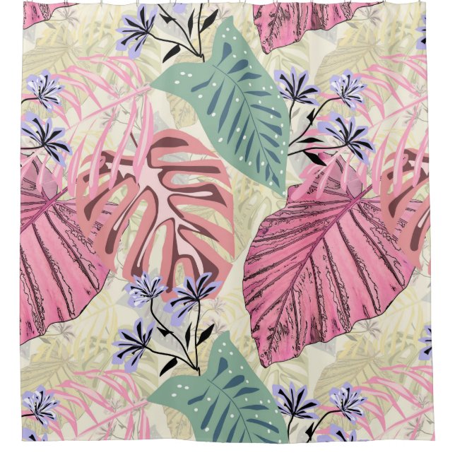 Pink and green tropical leaves, blue flowers. shower curtain (Front)
