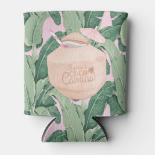 Pink and Green Tropical Leaves   Coconut Drink   Can Cooler