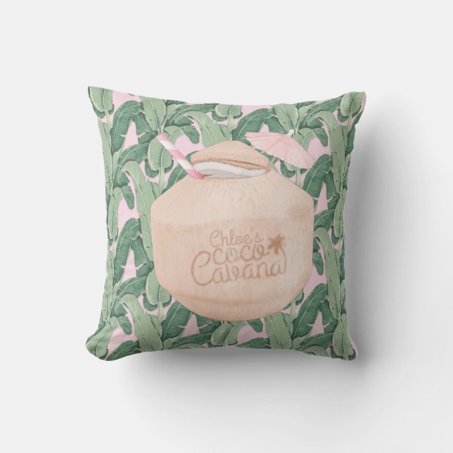 Pink and Green Tropical Leaves | Coconut Drink | Cushion (Front)