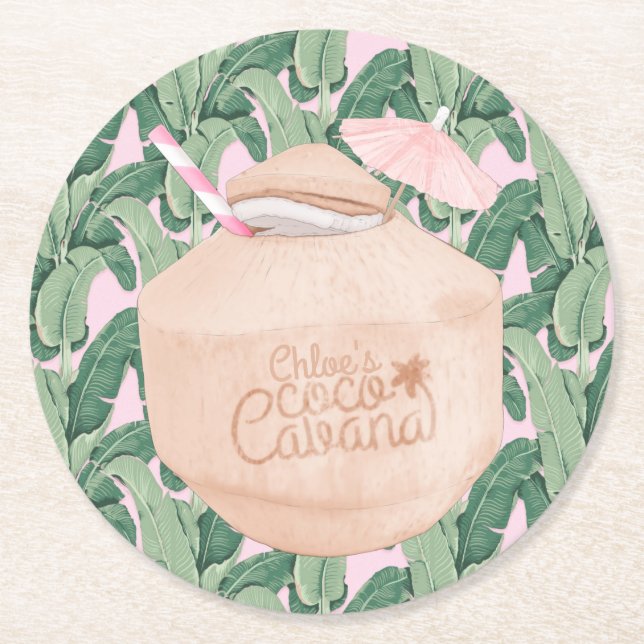 Pink and Green Tropical Leaves | Coconut Drink | Round Paper Coaster (Front)