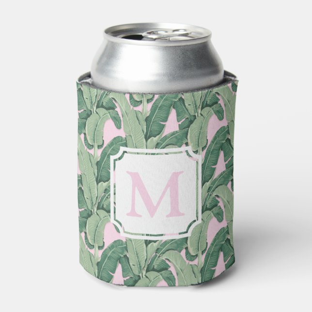 Pink and Green Tropical Leaves | Monogram Cabana Can Cooler (Can Front)