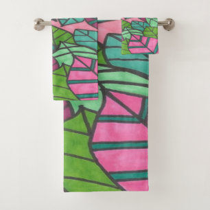 Pink and Green Tropical Leaves Print Bath Towel Set
