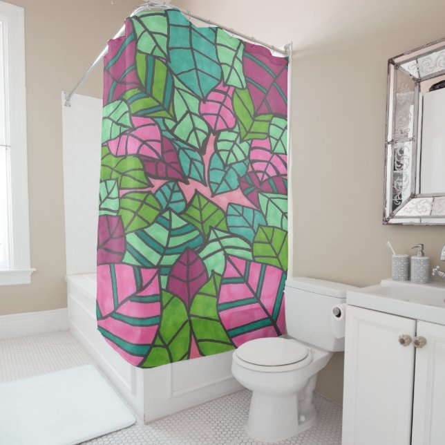 Pink and Green Tropical Leaves Print Shower Curtain (In Situ)