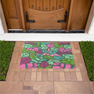 Pink and Green Tropical Palm Leaves Doormat
