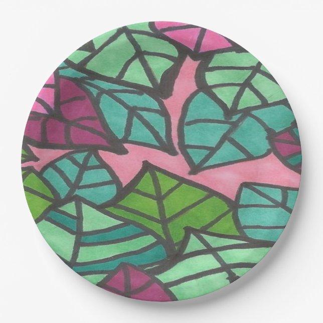 Pink and Green Tropical Palm Leaves Print Paper Plate (Front)