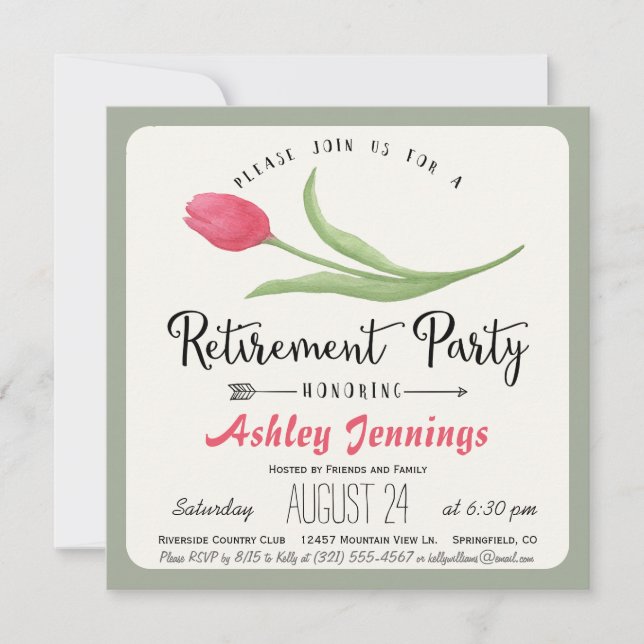 Pink and Green Tulip Retirement Party Invitation (Front)