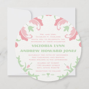 Pink and Green Vintage Modern Damask Wedding Invitation