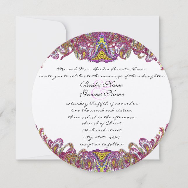 Pink and Green Vintage Paisley Wedding Invitation (Front)