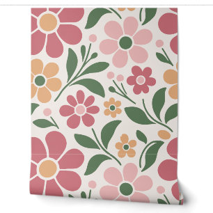 Pink and Green Vintage Retro Floral Wallpaper