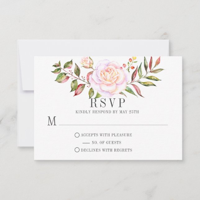 Pink and Green Watercolor Floral Roses RSVP Card (Front)