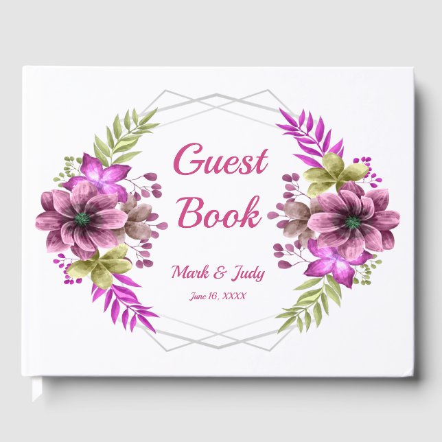 Pink And Green Watercolor Floral Wedding Guest Book (Front)