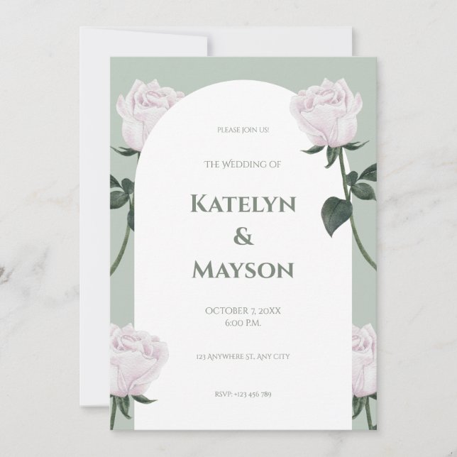 Pink and Green Watercolor Floral Wedding Invitation (Front)