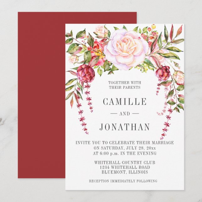 Pink and Green Watercolor Floral Wedding Invitation (Front/Back)