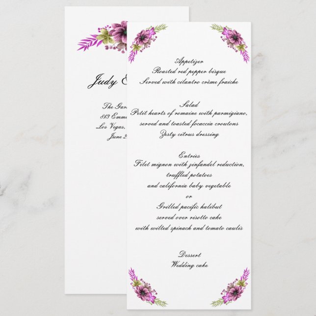 Pink And Green Watercolor Floral Wedding Menu Invitation (Front/Back)