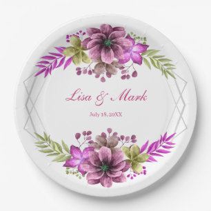 Pink And Green Watercolor Floral Wedding Paper Plate