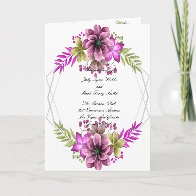 Pink And Green Watercolor Floral Wedding Program  Announcement (Front)