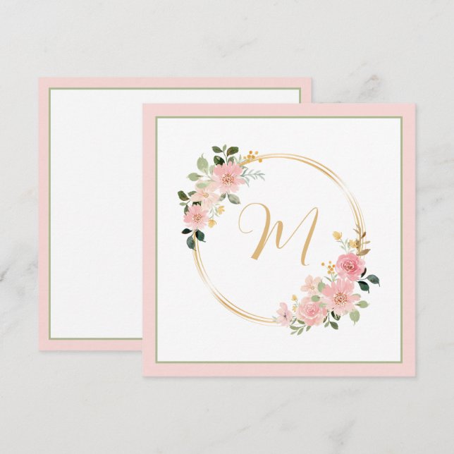 Pink and Green Watercolor Floral Wreath Monogram (Front/Back)