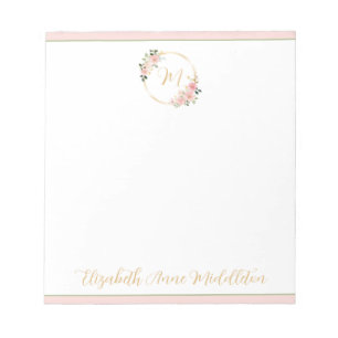 Pink and Green Watercolor Floral Wreath Monogram Notepad