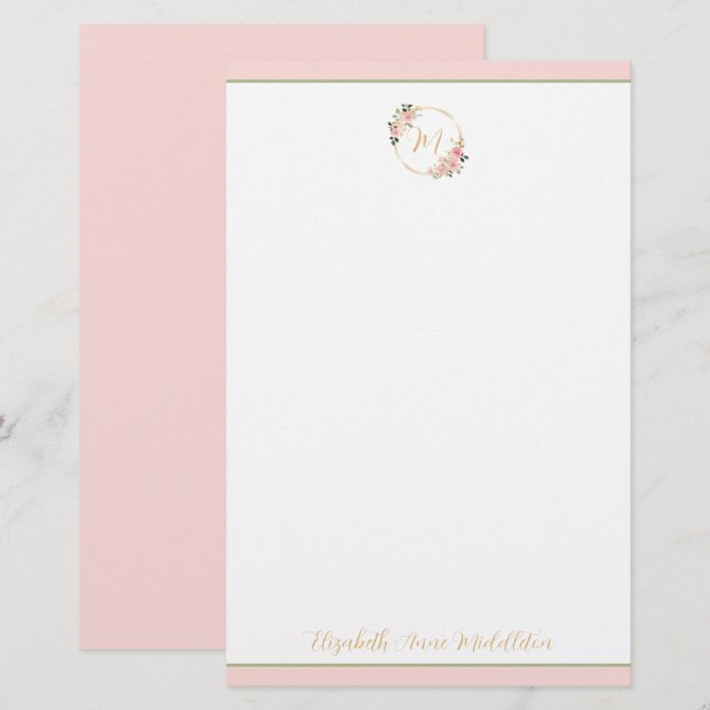 Pink and Green Watercolor Floral Wreath Monogram Stationery (Front/Back)