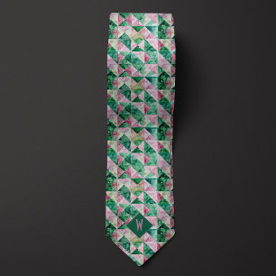 Pink and Green Watercolor Geometric Monogram Tie