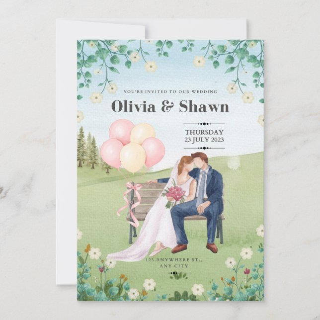 Pink and Green Watercolor Wedding Invitation (Front)