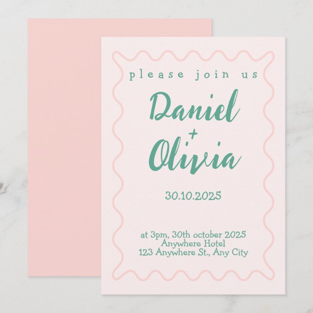 Pink and Green Wavy Wedding  Invitation (Front/Back)