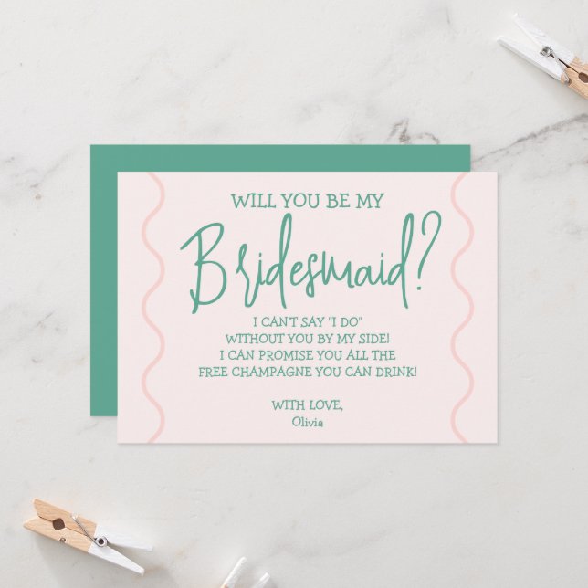 Pink and Green Wavy Wedding  Invitation (Front/Back In Situ)