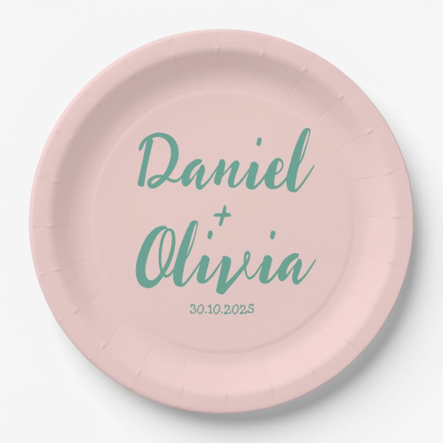 Pink and Green Wavy Wedding  Paper Plate (Front)