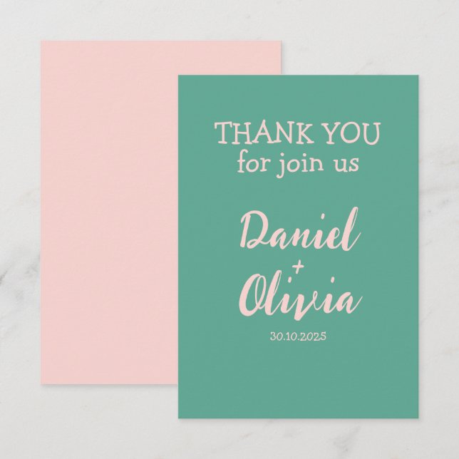 Pink and Green Wavy Wedding  Thank You Card (Front/Back)