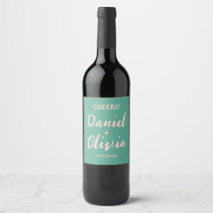 Pink and Green Wavy Wedding  Wine Label