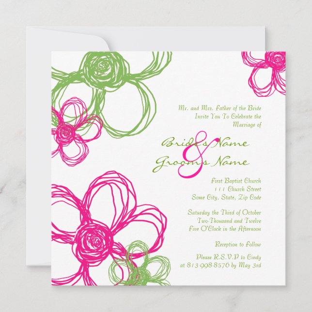 Pink and Green Wild Flowers Wedding Invitation (Front)