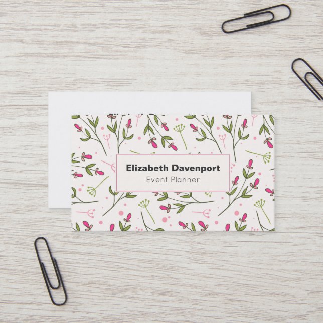 Pink and Green Wildflowers Pattern Business Card (Front/Back In Situ)
