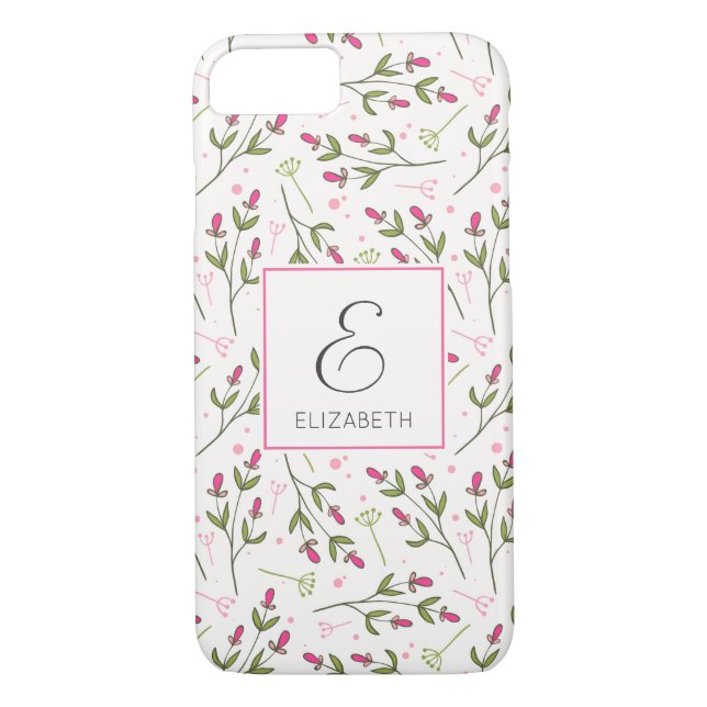 Pink and Green Wildflowers Pattern Monogram Case-Mate iPhone Case (Back)