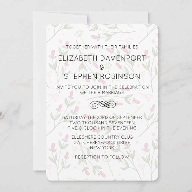 Pink and Green Wildflowers Pattern Wedding Invitation (Front)
