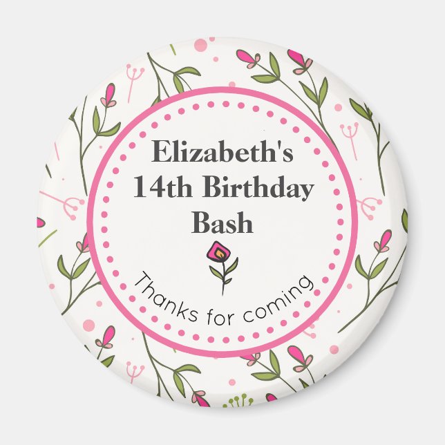 Pink and Green Wildflowers Thank You Birthday Magnet (Front)