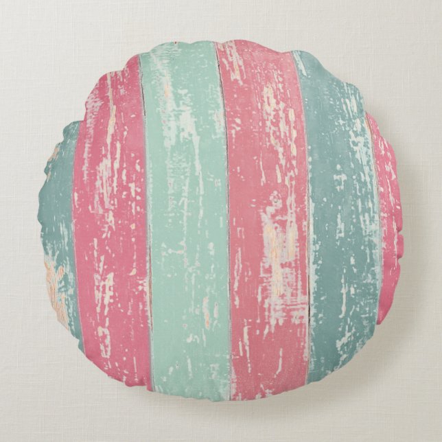 Pink and Green Wooden Fence Grunge Texture Round Cushion (Front)