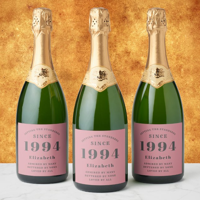 Pink And Grey 30th Birthday 1994 Photo Template Sparkling Wine Label (Unique personalized 30 birthday sparkling wine labels in dusty pink and grey.)