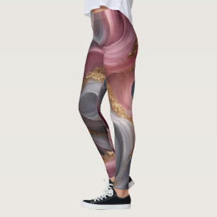 Pink and Grey Abstract Fluid Art Gold Leggings