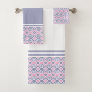 Pink and Grey Abstract Geometric Diamond Pattern Bath Towel Set