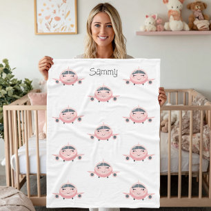 Pink and Grey Aeroplane Girl Name Personalised Fleece Blanket