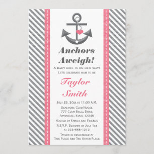Pink and Grey Anchor Nautical Baby Shower Invitation