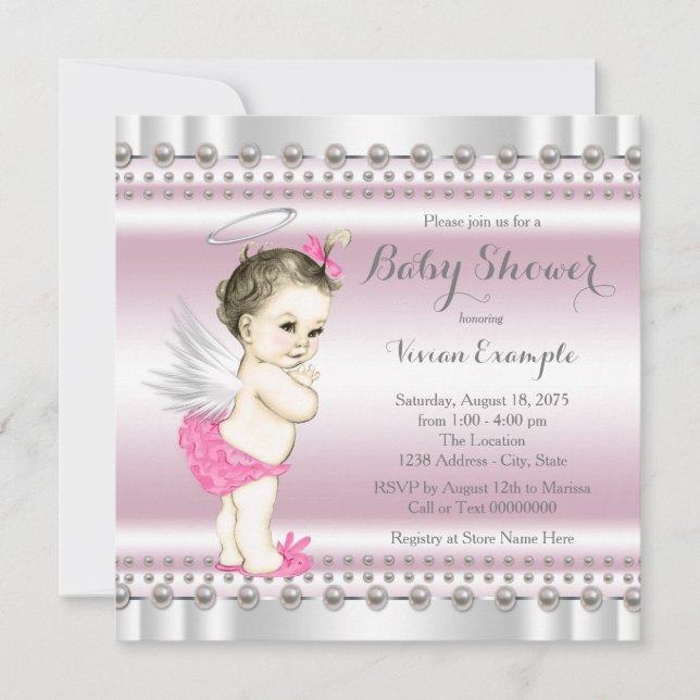 Pink and Grey Angel Pearl Baby Girl Shower Invitation (Front)