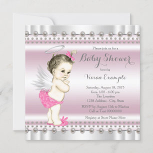 Pink and Grey Angel Pearl Baby Girl Shower Invitation