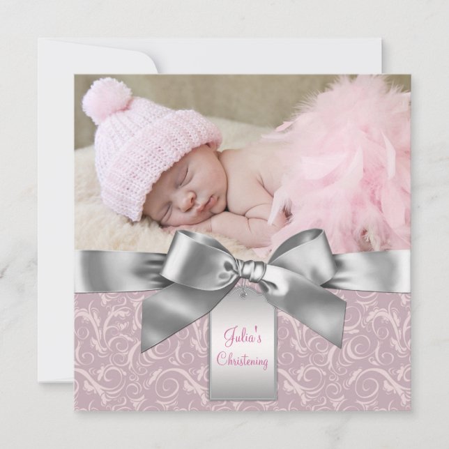Pink and Grey Baby Girl Photo Christening Invitation (Front)